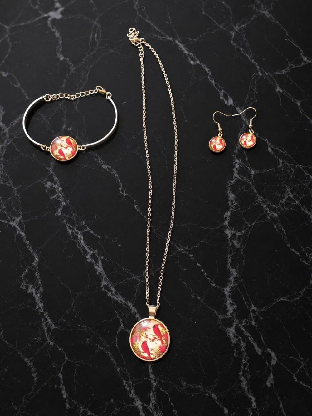 Gold-Tone Necklace with Red Floral Pendant